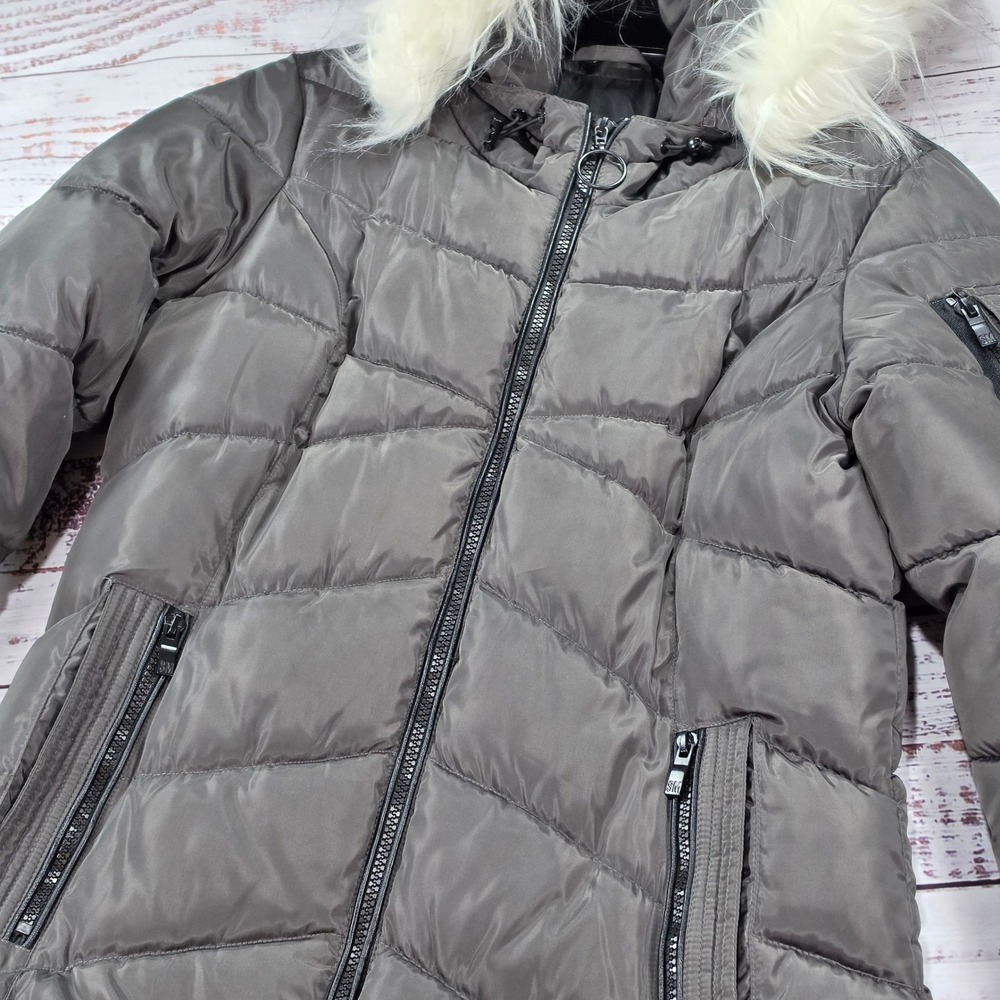 Steve Madden Puffer Jacket Womens Small Gray Excellent Faux Fur Trim Hood Padded